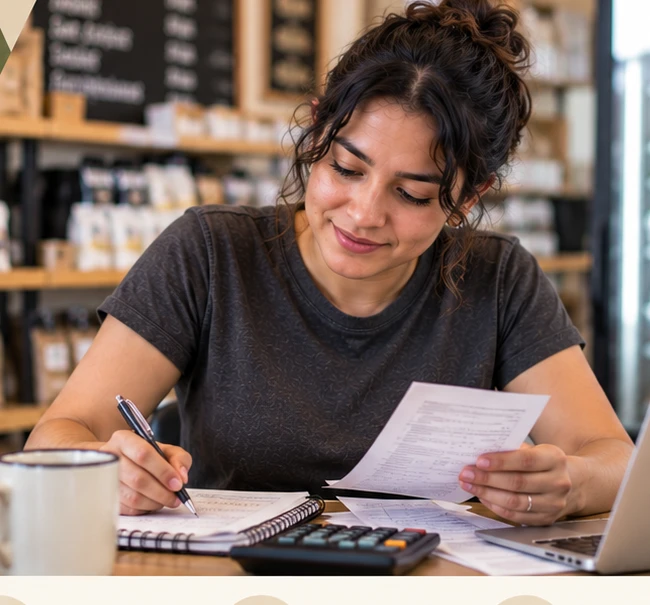Emprendedora revisando cuentas y facturas