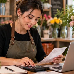 Emprendedora revisando cuentas y pedidos en su florería